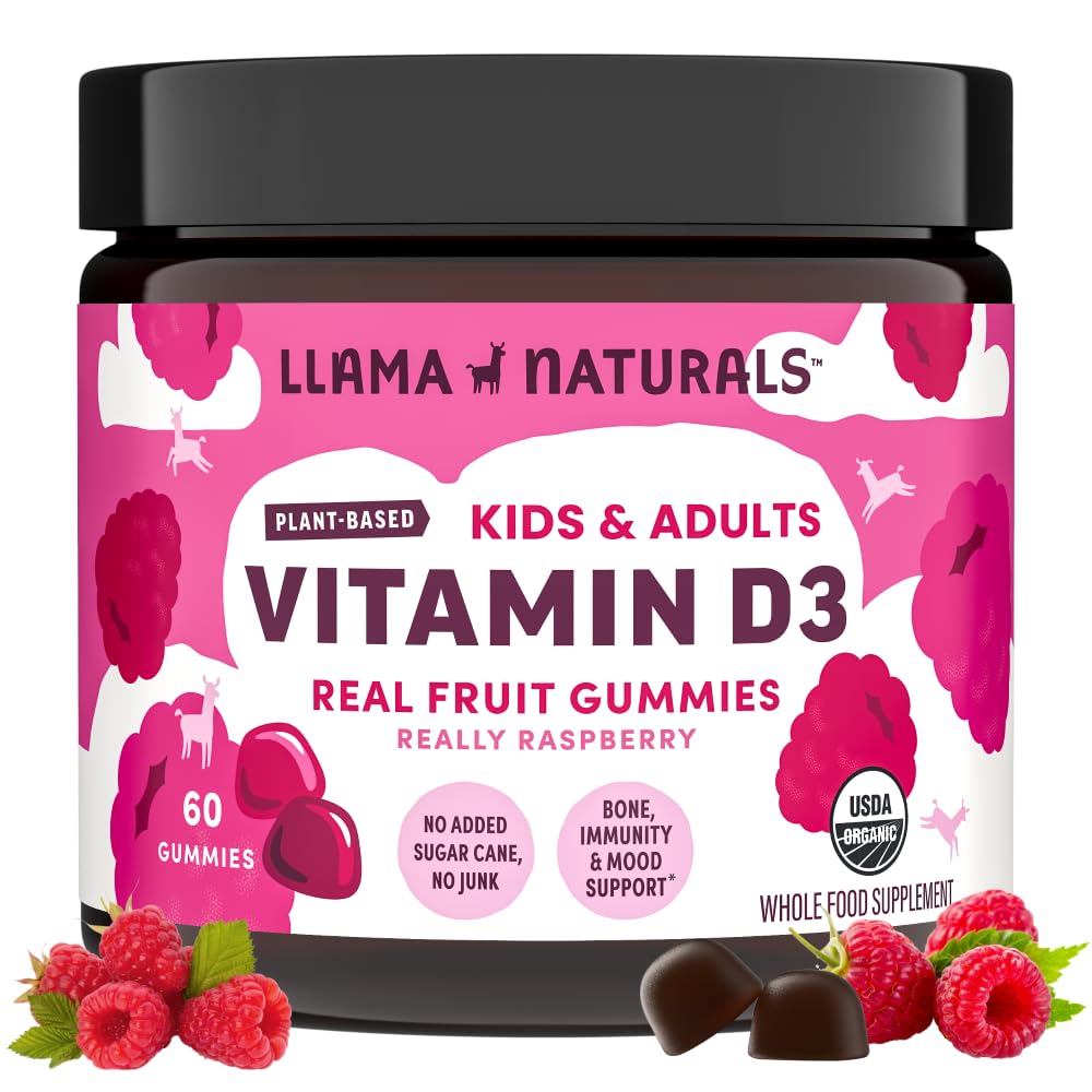 Front packaging of Llama Naturals Vitamin D3 Raspberry Gummies 60 count