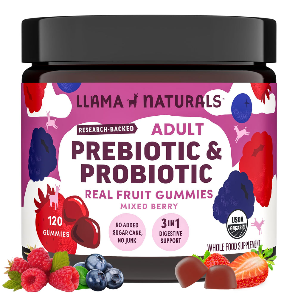 Llama Naturals Probiotics bottle with mixed berry gummies