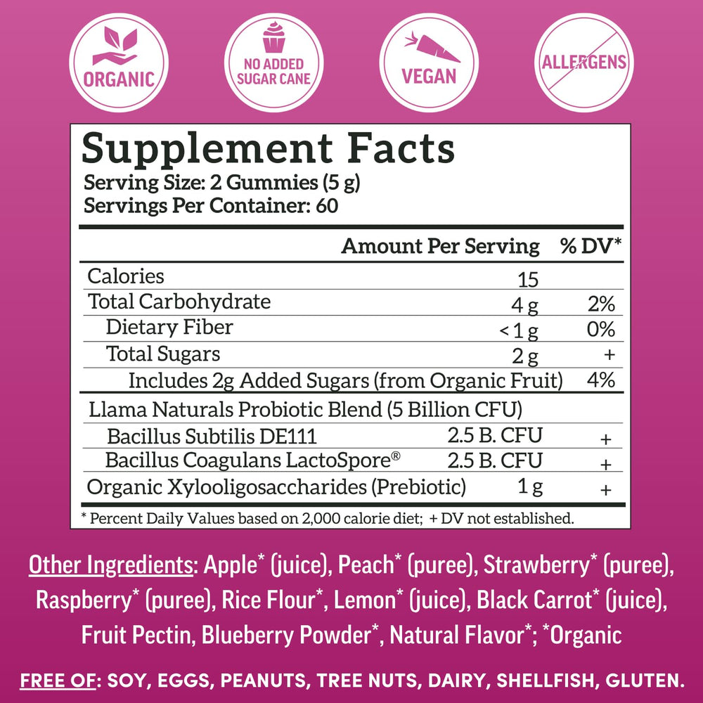 Vegan organic label on Llama Naturals Probiotics packaging