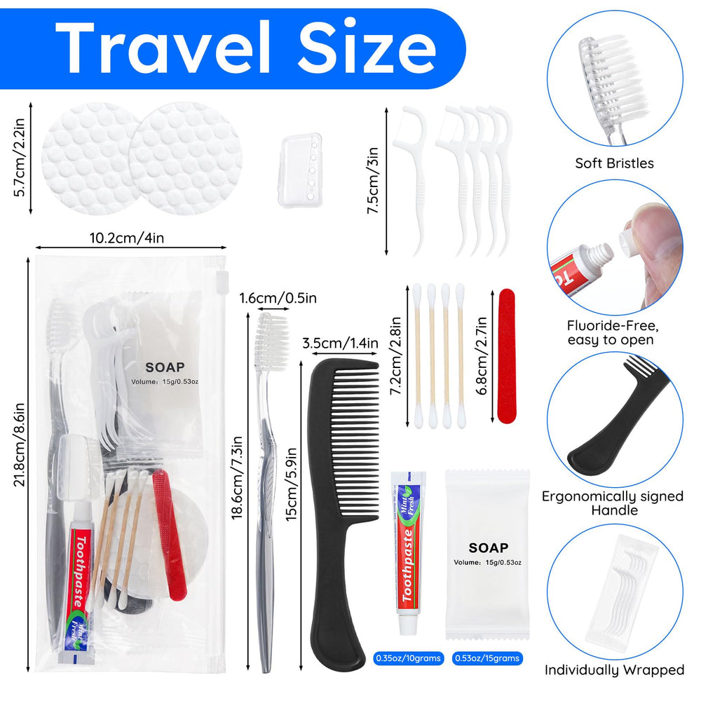 Contents of LLHQAMT travel toothbrush kit including toothbrush, toothpaste, comb, soap, and vanity items