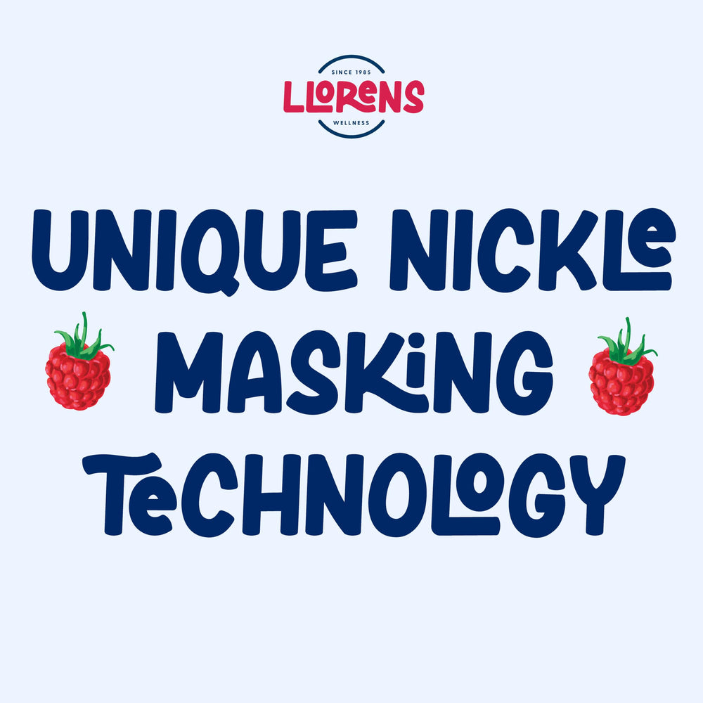 Close-up of Raspberry flavored liquid iron bottle label