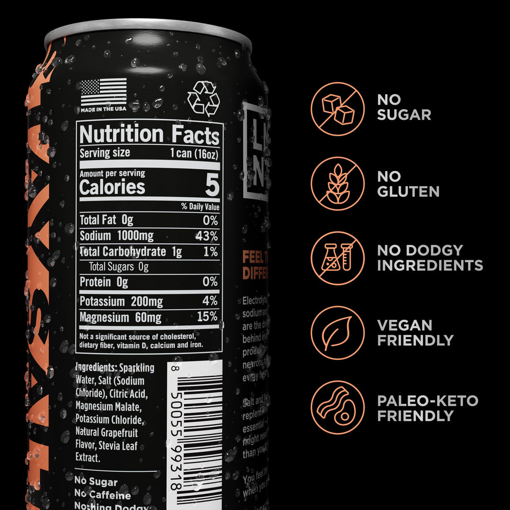 Close-up label of LMNT Sparkling Electrolyte Water Grapefruit Salt