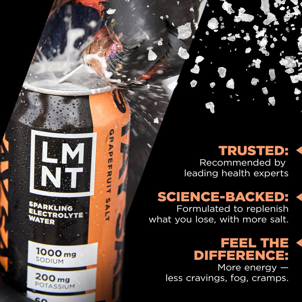 Stack of LMNT Sparkling Electrolyte drinks on kitchen counter