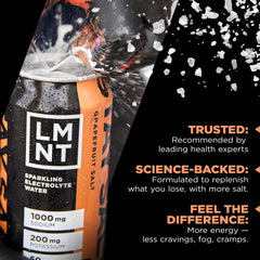 Stack of LMNT Sparkling Electrolyte drinks on kitchen counter