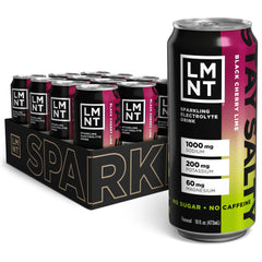 Front view of LMNT Sparkling Electrolyte Water can in Black Cherry Lime (12-count)