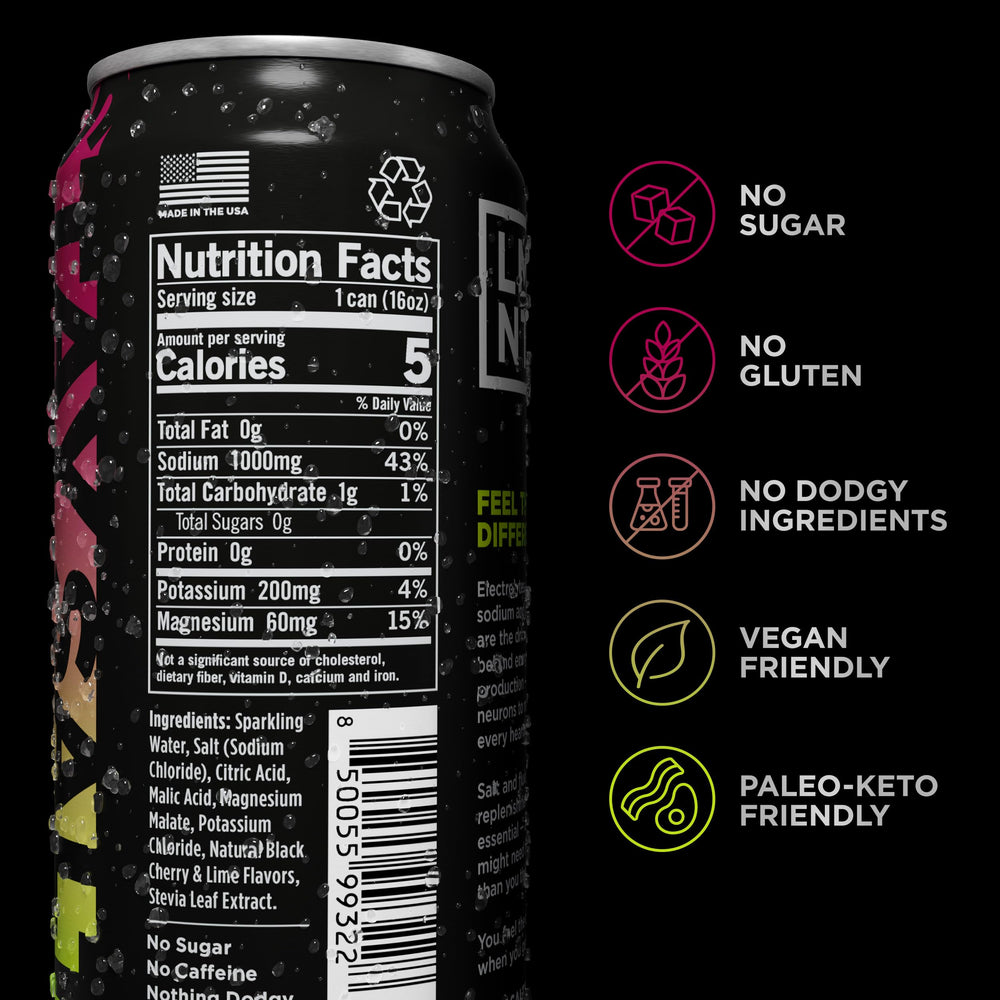 Side view of LMNT Sparkling Electrolyte Water can in Black Cherry Lime