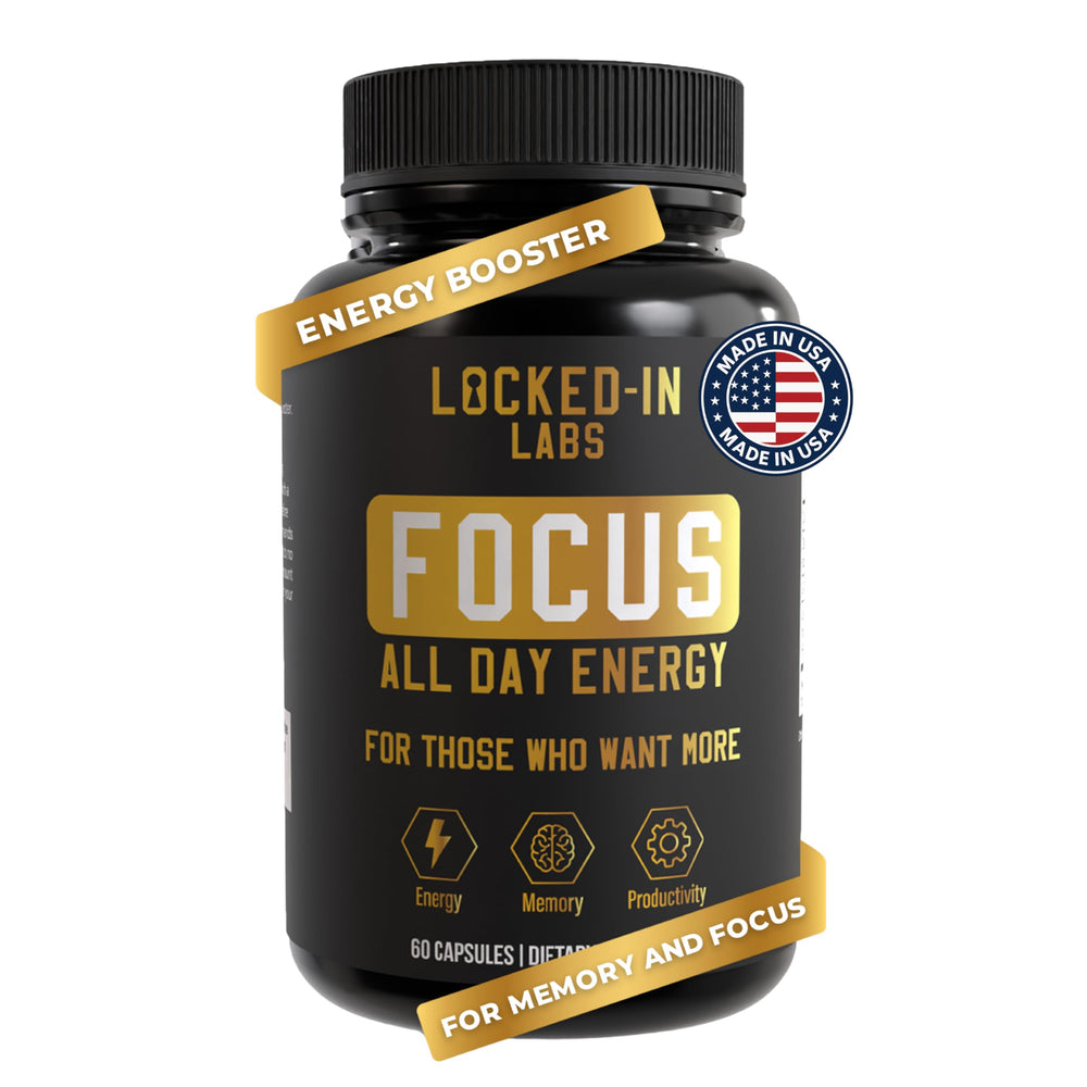 Locked-In Labs 4-in-1 caffeine pills bottle promotes steady energy and focused days.