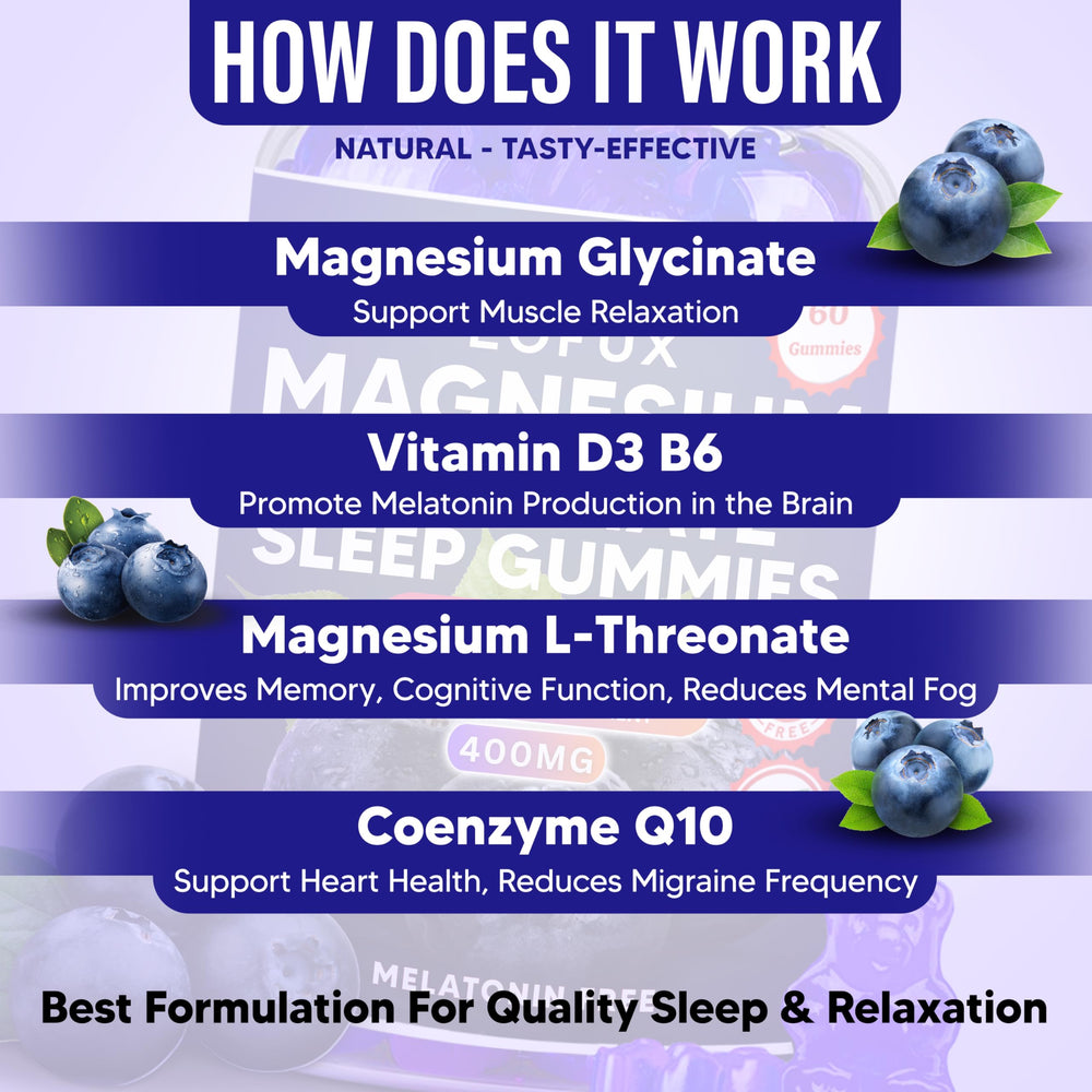 Ingredients panel showing magnesium glycinate with Vitamin D3 B6 CoQ10