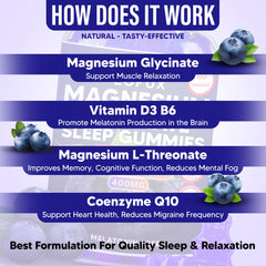 Ingredients panel showing magnesium glycinate with Vitamin D3 B6 CoQ10