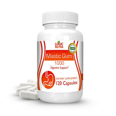 Logic Nutra Premium Mastic Gum Capsules bottle showing 120 capsules, 1000mg per serving