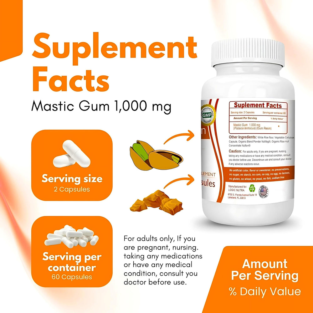 Close-up of 1000mg mastic gum capsules with label