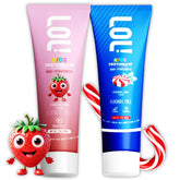 Two-flavor fluoride-free kids toothpaste: strawberry and peppermint