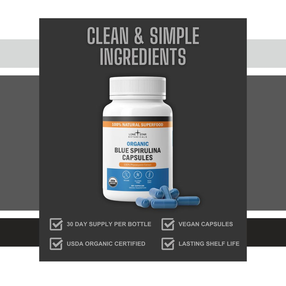Bottle of Lone Star Botanicals blue spirulina capsules beside a glass