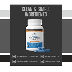 Bottle of Lone Star Botanicals blue spirulina capsules beside a glass