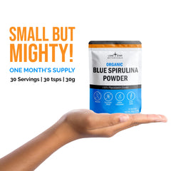 Blue spirulina powder bottle with label