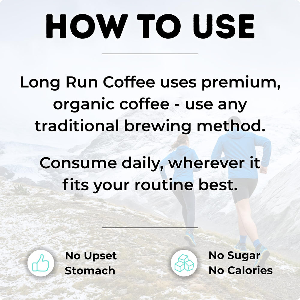 Long Run Coffee bag on counter with label emphasizing premium taste and ethical sourcing.