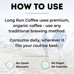 Long Run Coffee bag on counter with label emphasizing premium taste and ethical sourcing.