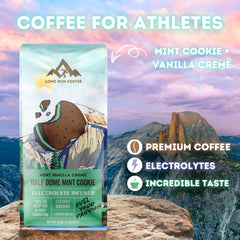 Long Run Coffee electrolyte pour glass demonstrating drinkable energy and stomach-friendly acidity.