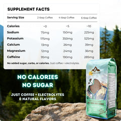 Long Run Coffee pour-over setup with bag emphasizing zero sugar and natural energizing electrolytes.
