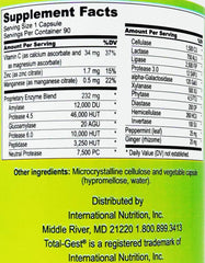 Marketing image showing key ingredients: proprietary enzyme blend, vitamin C, zinc, peppermint, and ginger