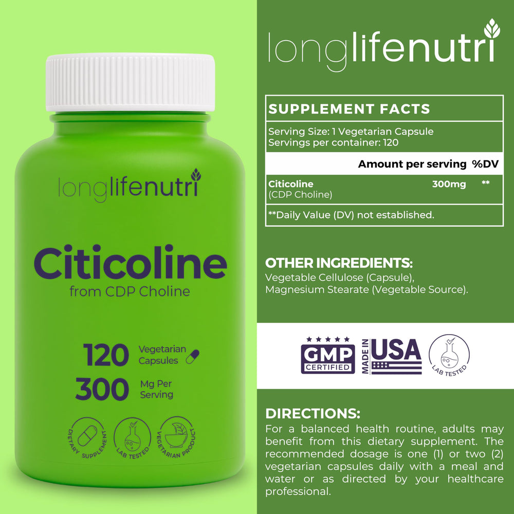 Close-up of a 300 mg CDP-Choline vegetarian capsule