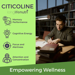 Front label of LongLifeNutri Citicoline bottle