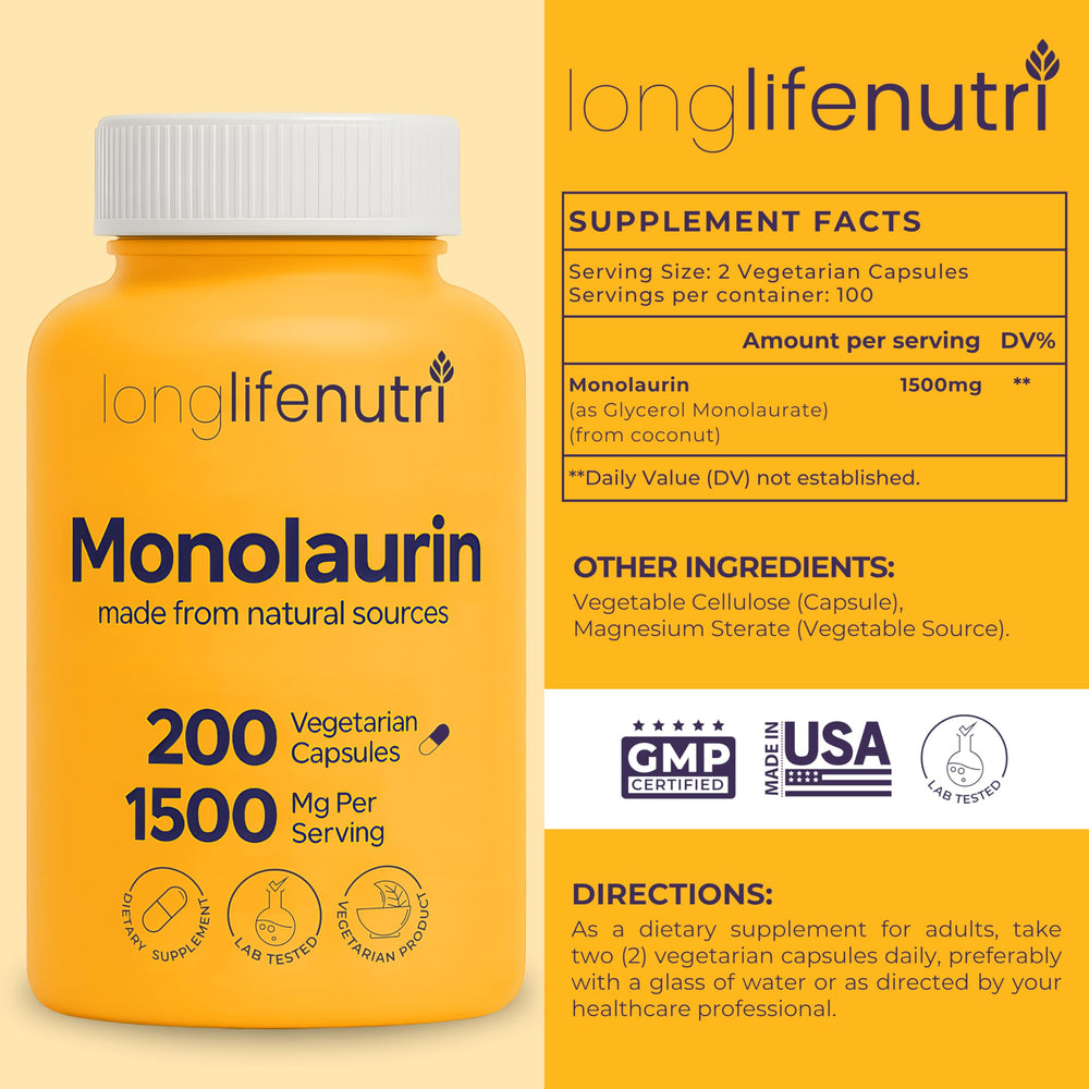 Close-up of Monolaurin capsules showing glycerol derived from coconuts