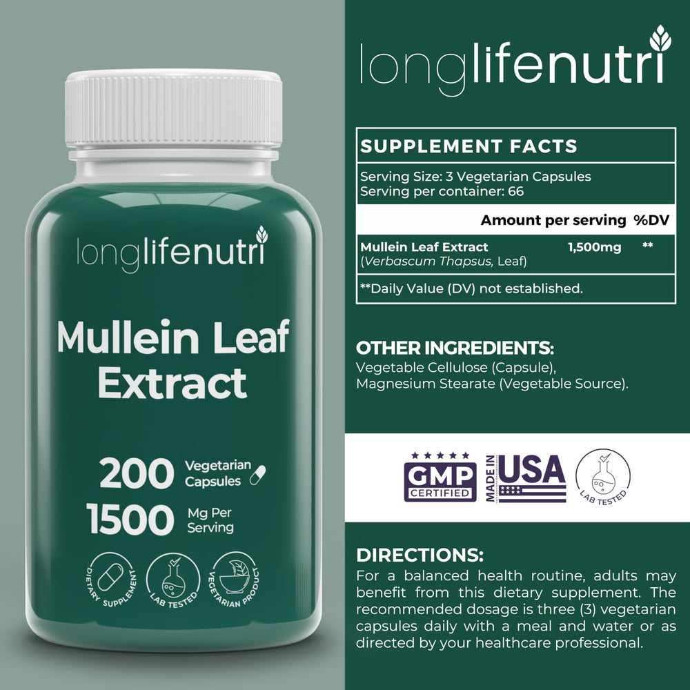 Bottle of LongLifeNutri Mullein Leaf capsules showing 200-count, 2-month supply