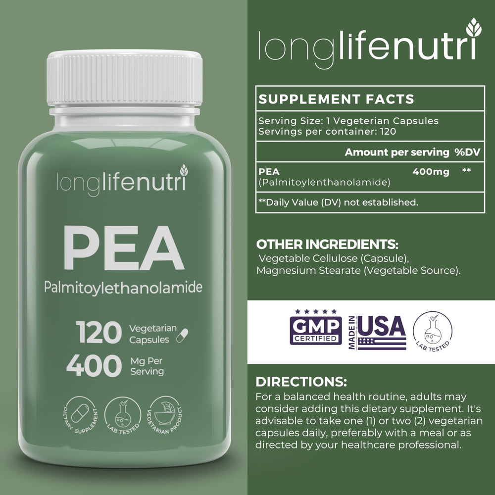 Close-up of vegetarian capsules for LongLifeNutri Palmitoylethanolamide 400mg