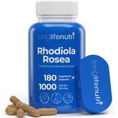 LongLifeNutri Rhodiola Rosea 1000mg bottle with 180 vegetarian capsules