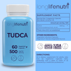 LongLifeNutri TUDCA 500mg serving highlights potency for daily wellness.