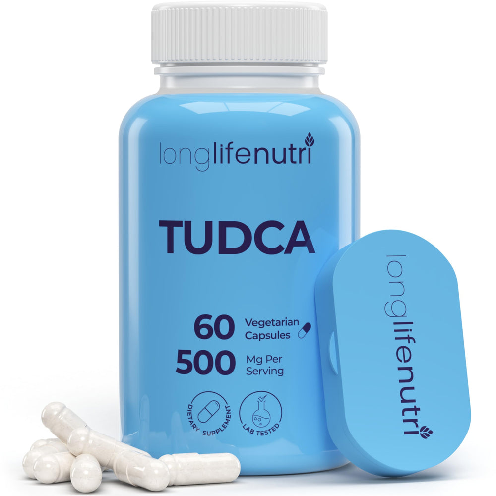 LongLifeNutri TUDCA bottle shows 60 vegetarian capsules for a one-month supply.