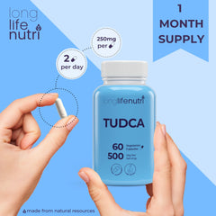 LongLifeNutri TUDCA vegetarian capsules ready for daily use.