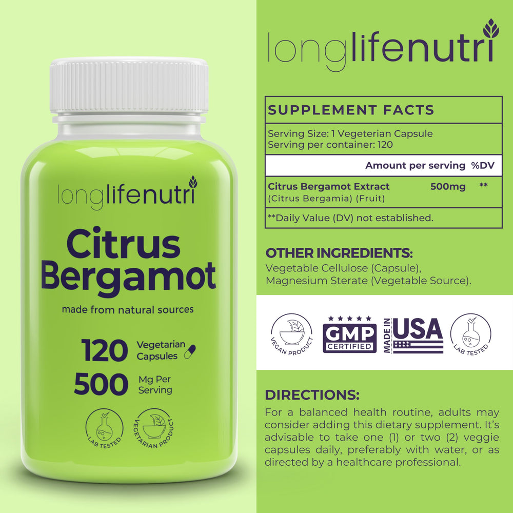 USA-made label on LongLifeNutri bergamot supplement bottle