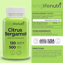 USA-made label on LongLifeNutri bergamot supplement bottle