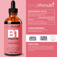Close-up of LongLifeNutri Vitamin B1 Liquid Drops bottle