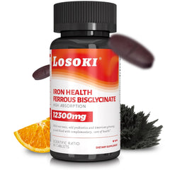 Losoki Iron Bisglycinate bottle label with Vitamin C and Probiotics