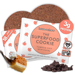 Love + Chew mini cookie pumpkin chip front close-up highlighting plant-based protein.