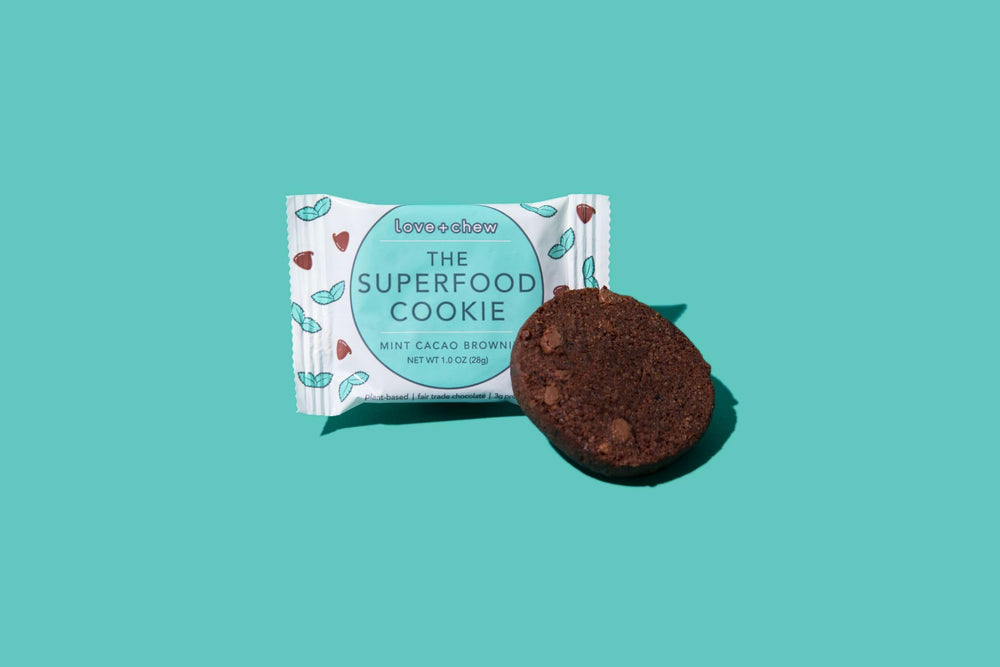 Love + Chew mint cacao cookie plated for mindful snack