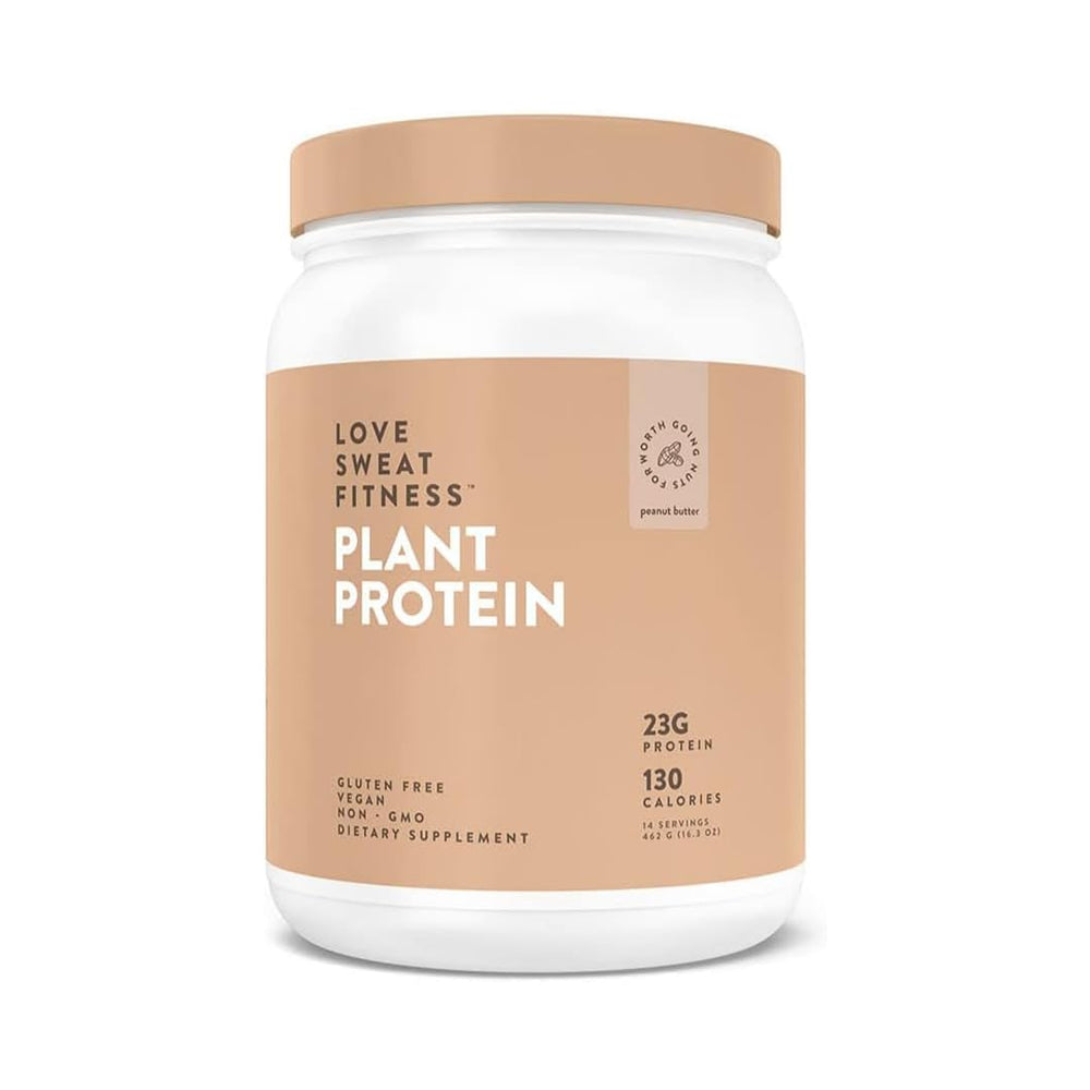 Love Sweat Fitness organic vegan protein peanut butter tub ready for morning shakes