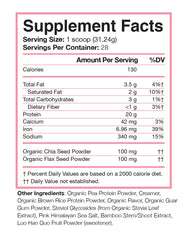 Love Sweat Fitness vanilla protein powder scoop beside a glass of water.