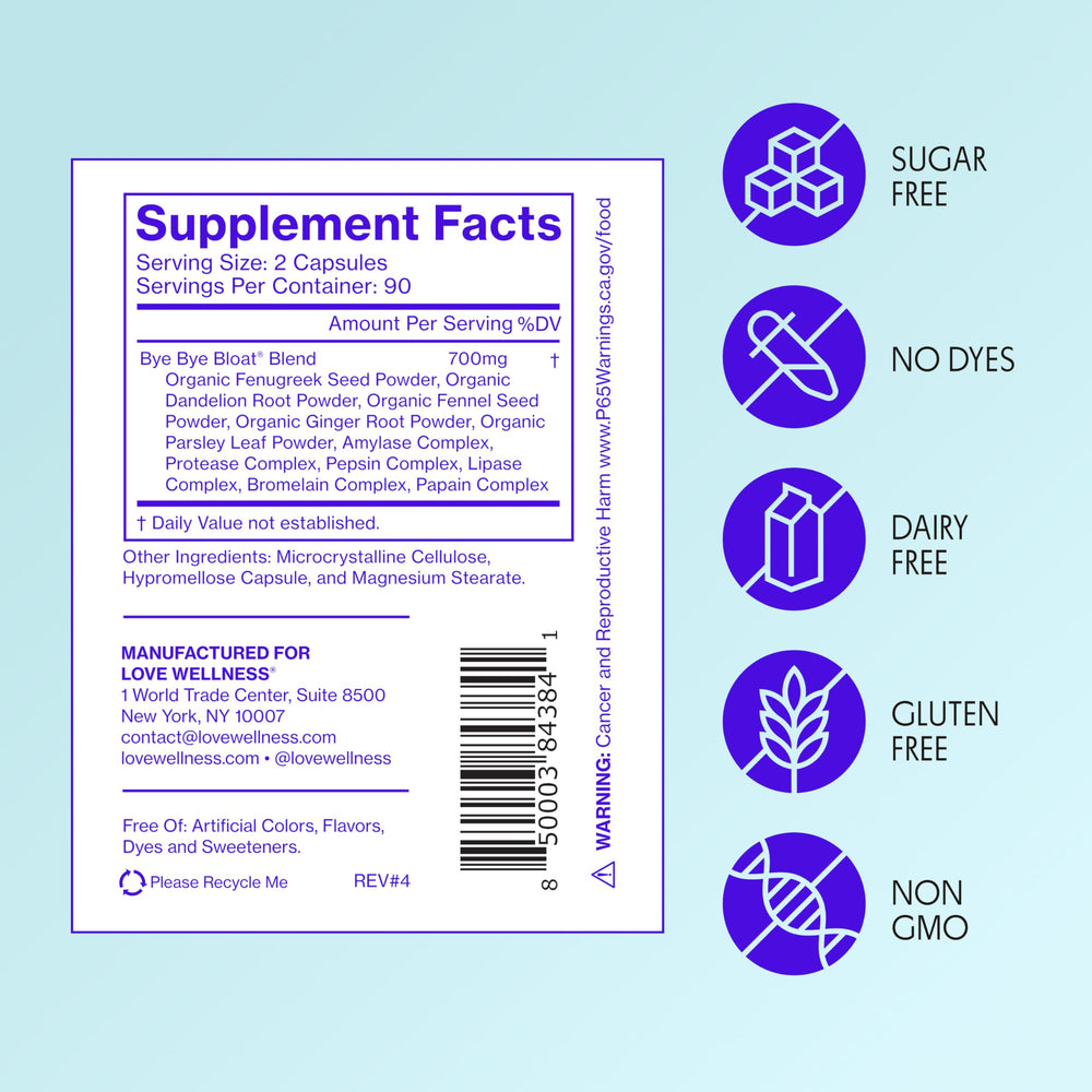 180-count Love Wellness Bye Bye Bloat bottle label