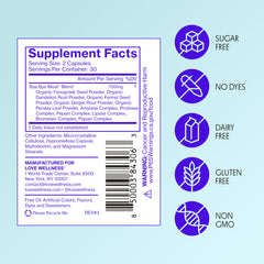 Packaging and natural ingredients shown for Love Wellness Bye Bye Bloat