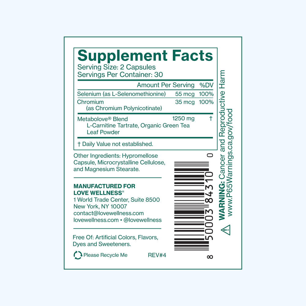 Vegan, gluten-free, stimulant-free Metabolove 60 count