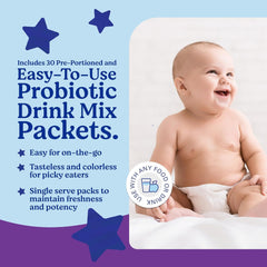 Close-up of packaging highlighting 5 baby-specific probiotic strains