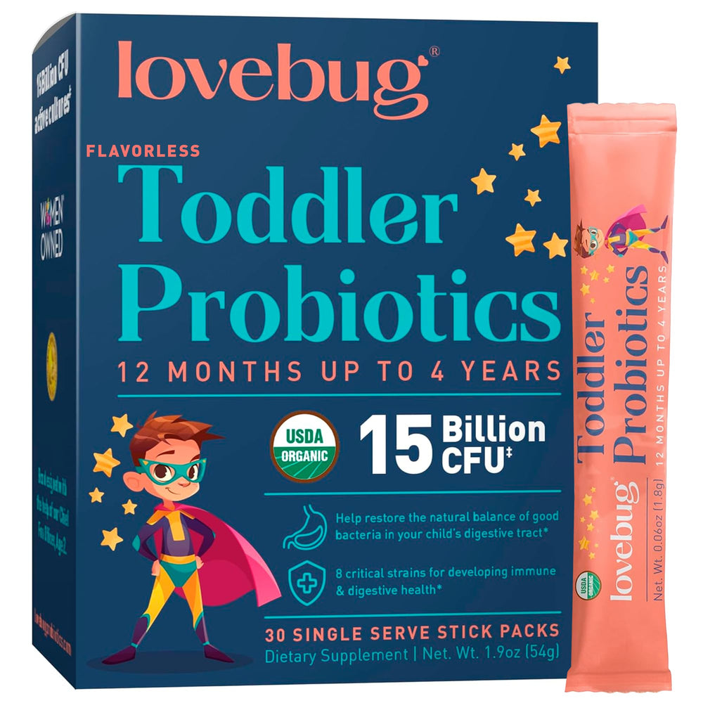 Lovebug Toddler Probiotic Powder packaging with USDA Organic seal (Ages 1-4)