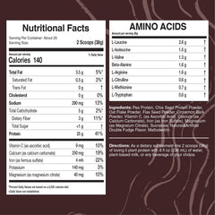 Close-up of product label showing plant-based protein blend