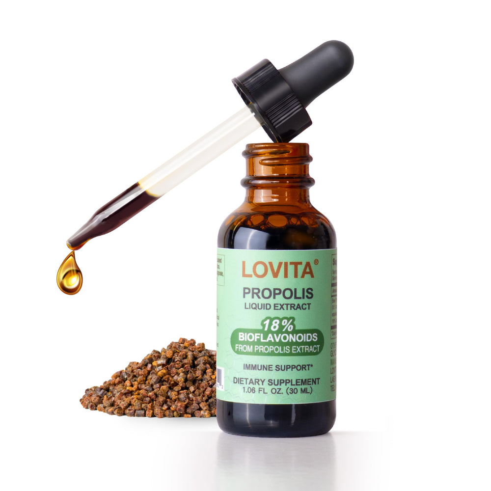 Close-up of LOVITA Bee Propolis Liquid Extract bottle showing 5:1 resin drops and 18% bioflavonoids
