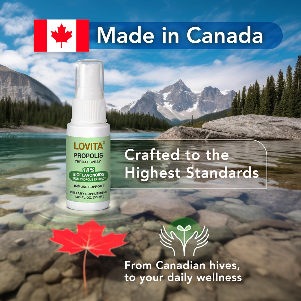 Badge highlighting 18% bioflavonoids in propolis