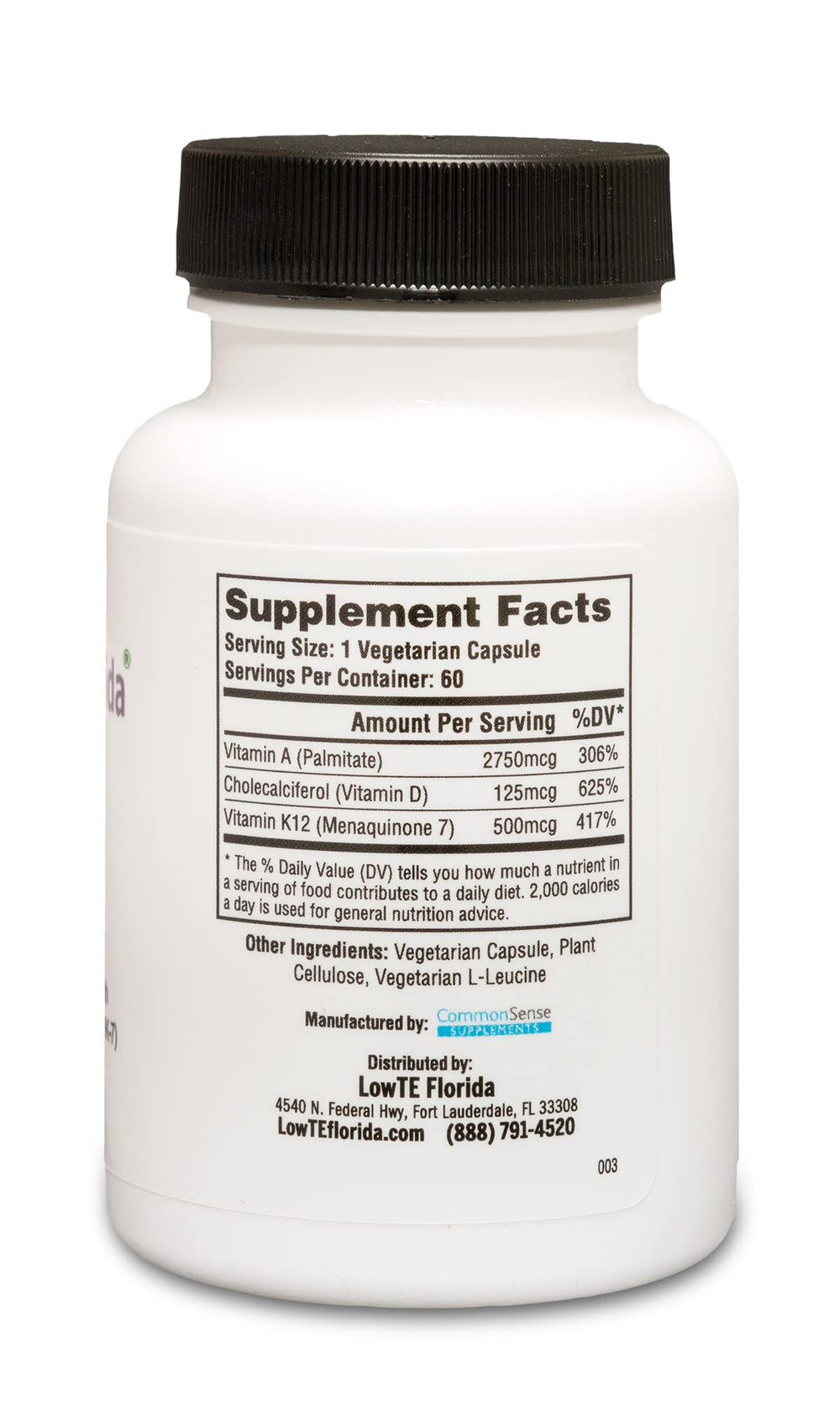 Close-up of vitamins A, D3, and K2 MK-7 ingredients on the label